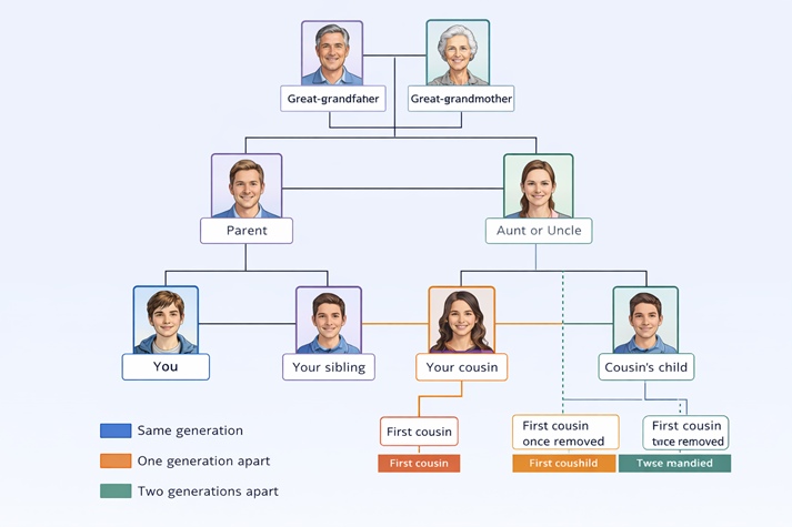 Family tree of cousin relationships